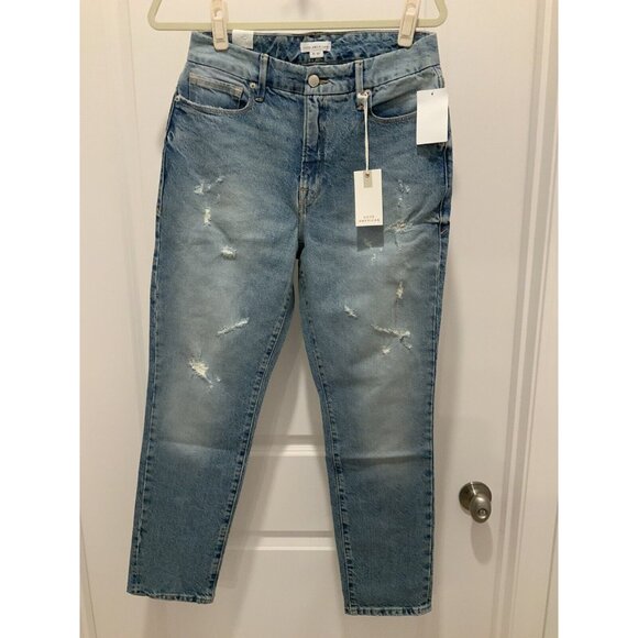 Good American Jeans Classic 4/27 No Gap Hi-Rise Straight Distressed Indigo NWT - Picture 1 of 10